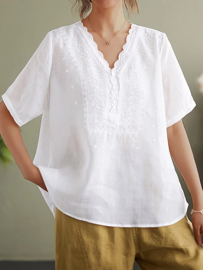 Embroidered Art Retro V-Neck Shirt