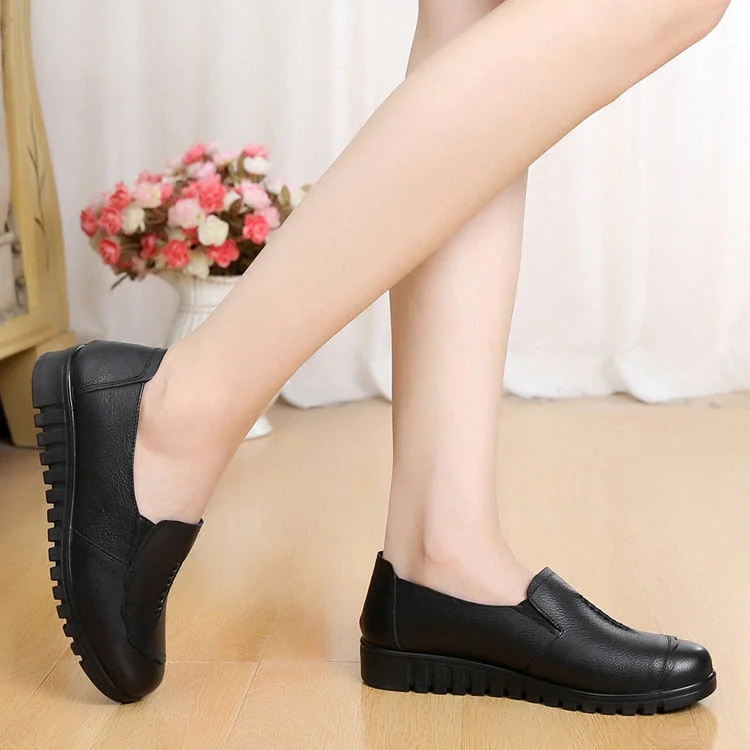 Women Female Old Mother Flats Shoes Loafers Slip On Round Toe Black Cow Genuine Leather Casual Non Slip 35-41 HD-807