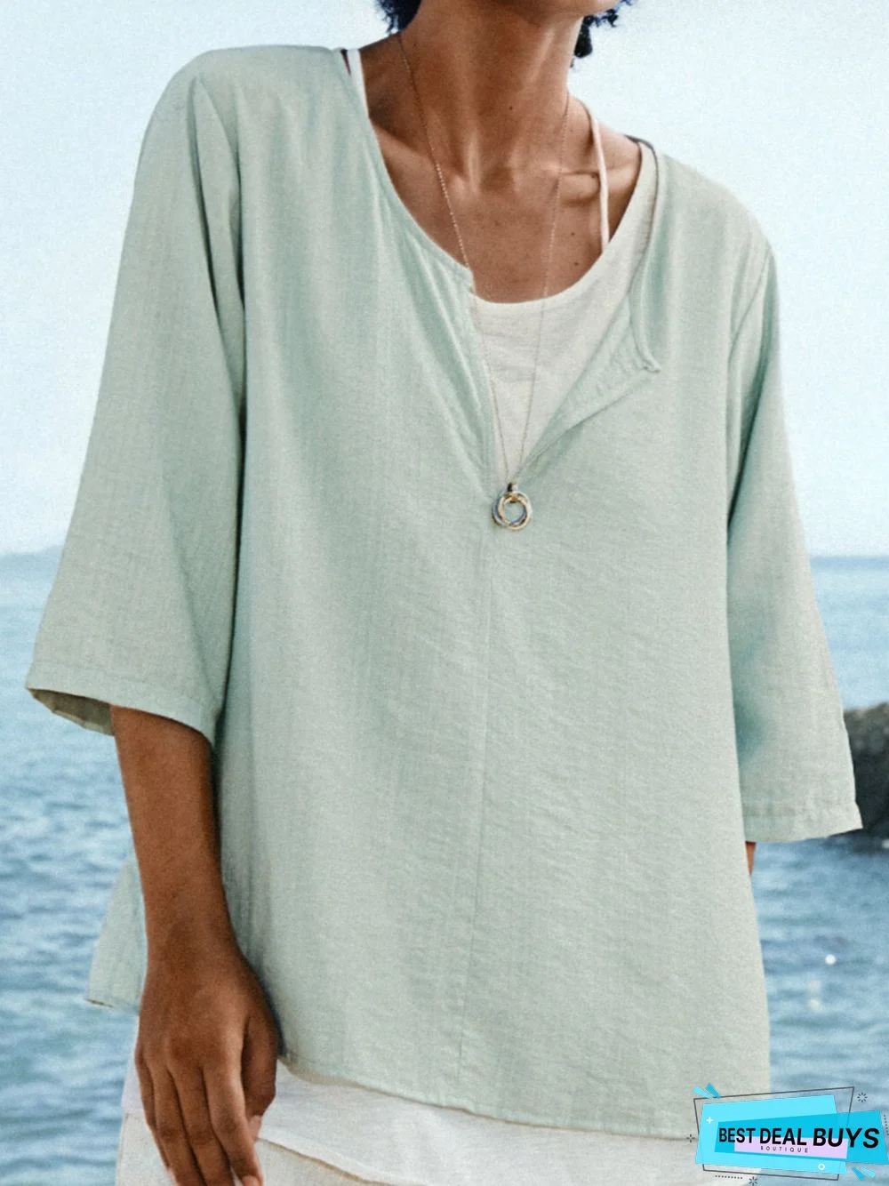 Blue Cotton V Neck 3/4 Sleeve Shift Tunic Top