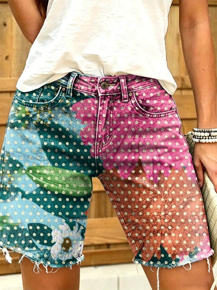 Women's Vintage Colorful Floral Art Print Casual Washed Cotton Denim Shorts