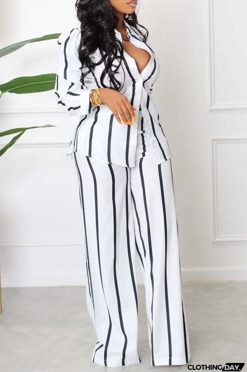 White Casual Striped Print Patchwork Turndown Collar Long Sleeve Two Pieces