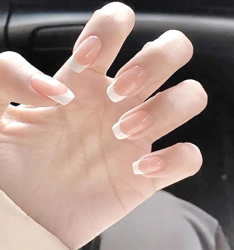 Fashion 24pc/set 10 Sizes Fake Nails Full Cover French False Nail Tips With Double-Sided Nail Adhesive Tab Press On Coffin Nail-Nail Inspo