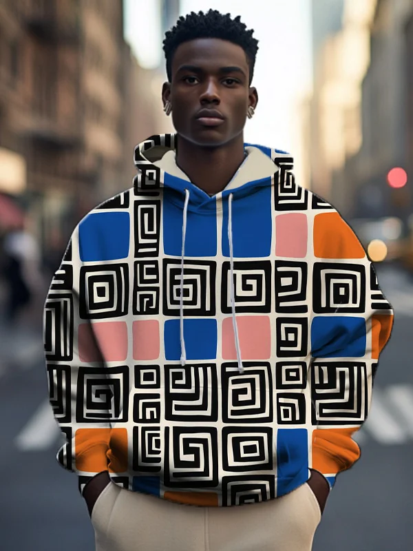 Men's Geometric Pattern Colorblock Print Casual Hoodie