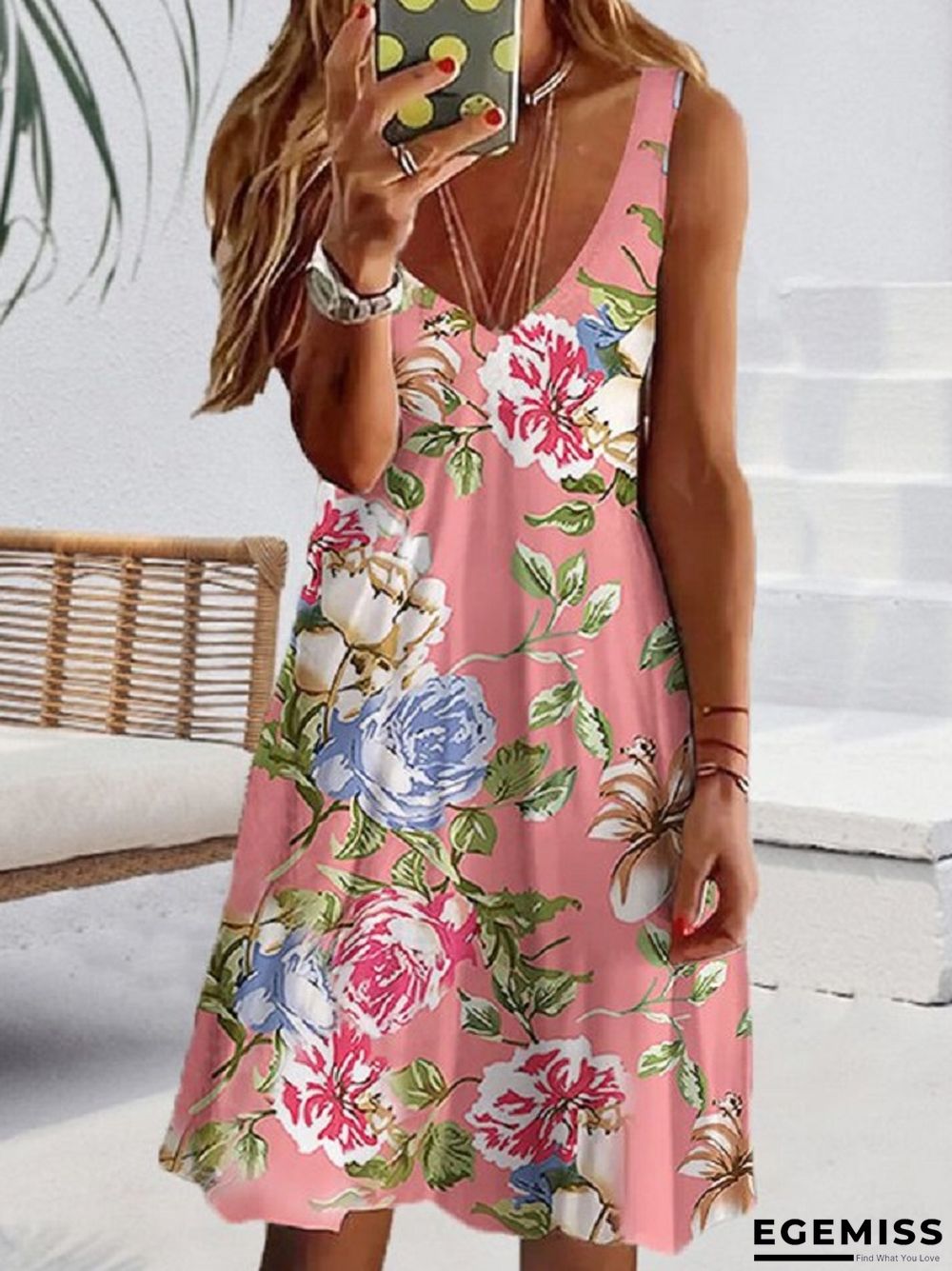 Casual V-neck Loose Flower Sleeveless Dress | EGEMISS