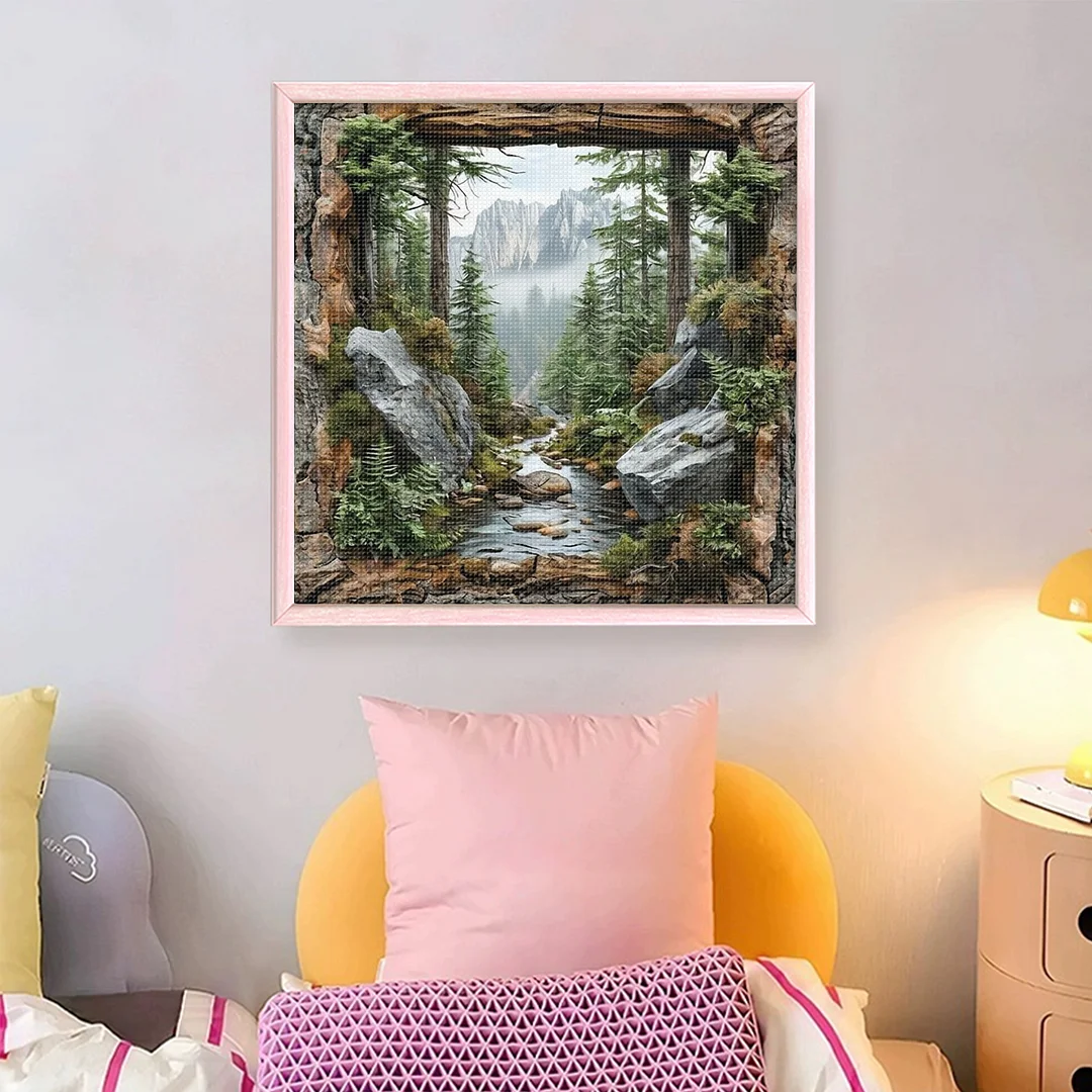 Mountain Forest Scenery Full 14CT DIY Stamped Cross Stitch Kits 40x40cm Gift