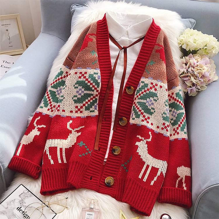 Cute Christmas Elk Print Outwear Sweatshirt - Modakawa Modakawa