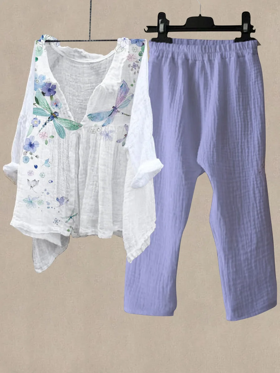 Linen Women's Dragonfly Print Casual Two Pieces Set