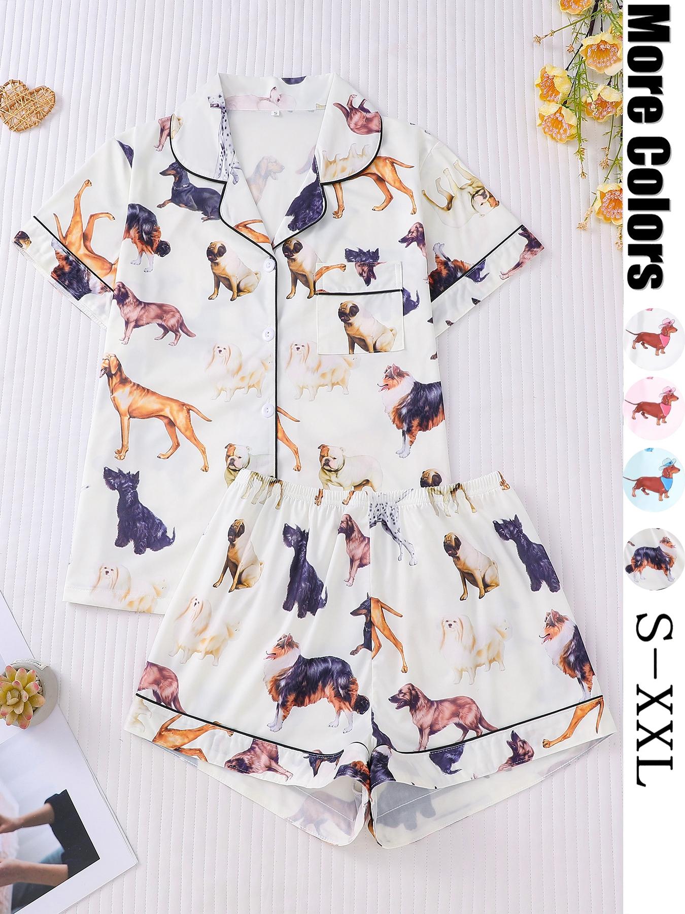 Women's All Over Dachshund Print Shirt & Elastic Waist Shorts Pyjama Two-piece Set, Matching Pj Set, Casual Comfy Short Sleeve Collared Top & Shorts PJ Set, Ladies Sleepwear for All Seasons, Loungewear, Sleep Pajamas Shorts