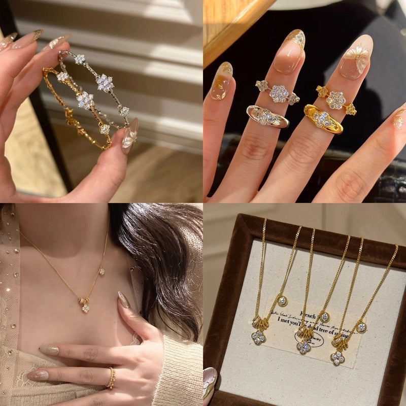 Elegant Lady Four Leaf Clover Flower Copper Mixed Metal Rings Bracelets Necklace