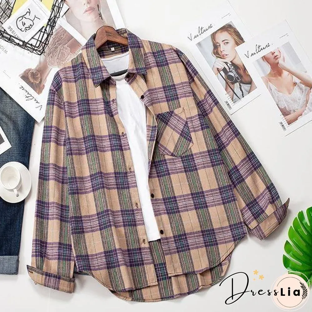 Plaid Shirts Womens Blouses Long Sleeve Lady Checked Tops Loose Female Outwear Casual