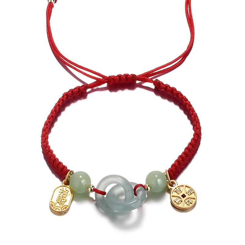 Cyan Jade White Jade Copper Coin Fu Character Double Peace Buckle Bracelet