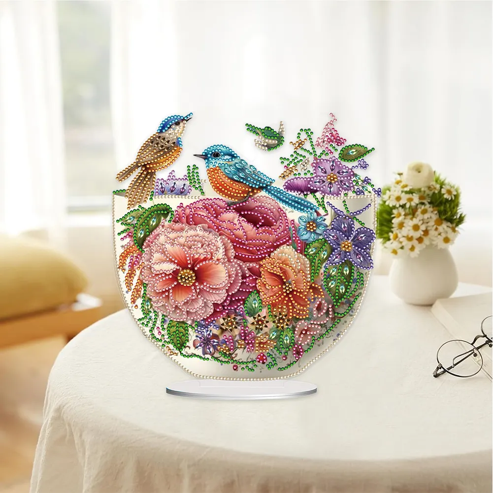 5D DIY Artistic Flower Bird Acrylic Special Shaped Desktop Diamond Art Kit for Desktop Decor