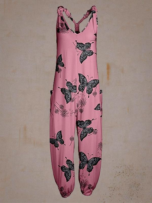 Mauve & Gray Butterflies Pocket Racerback Jumpsuit-Mayoulove
