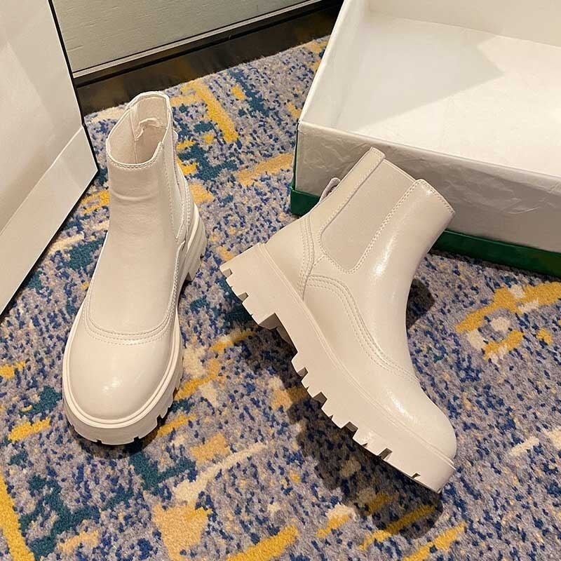CXJYWMJL Women Genuine Leather Chelsea Boots Autumn British Style Elastic Band Ankle Boots Ladies Fashion Winter Motorcycle Shoe