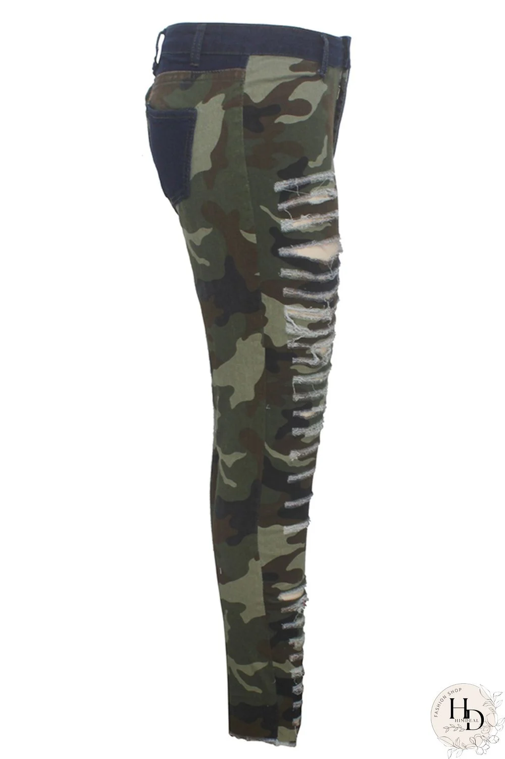 Camouflage Polyester Button Fly Sleeveless High Patchwork camouflage Print Hole pencil Pants