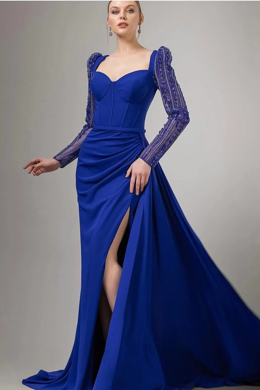 Miabel Stunning Royal Blue Satin Long Sleeves Long Split Prom Dress with Beadings 