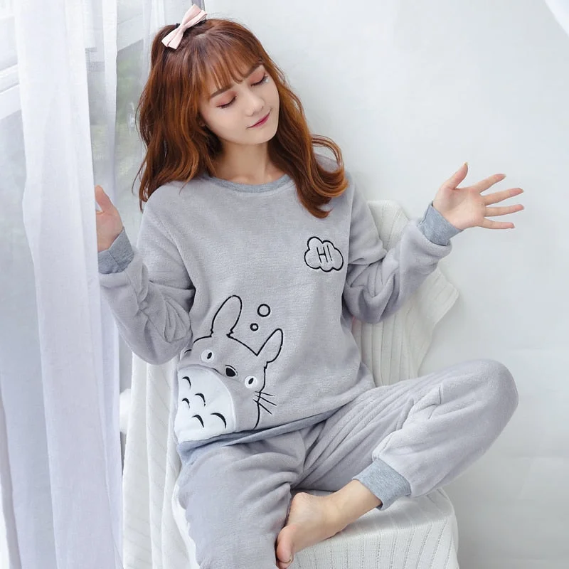 2021 winter Flannel Warm Pajamas Women Long Sleeve Home Suit Ladies sleepwear cartoon Velvet Pajama set Thicken Feminino Pyjamas