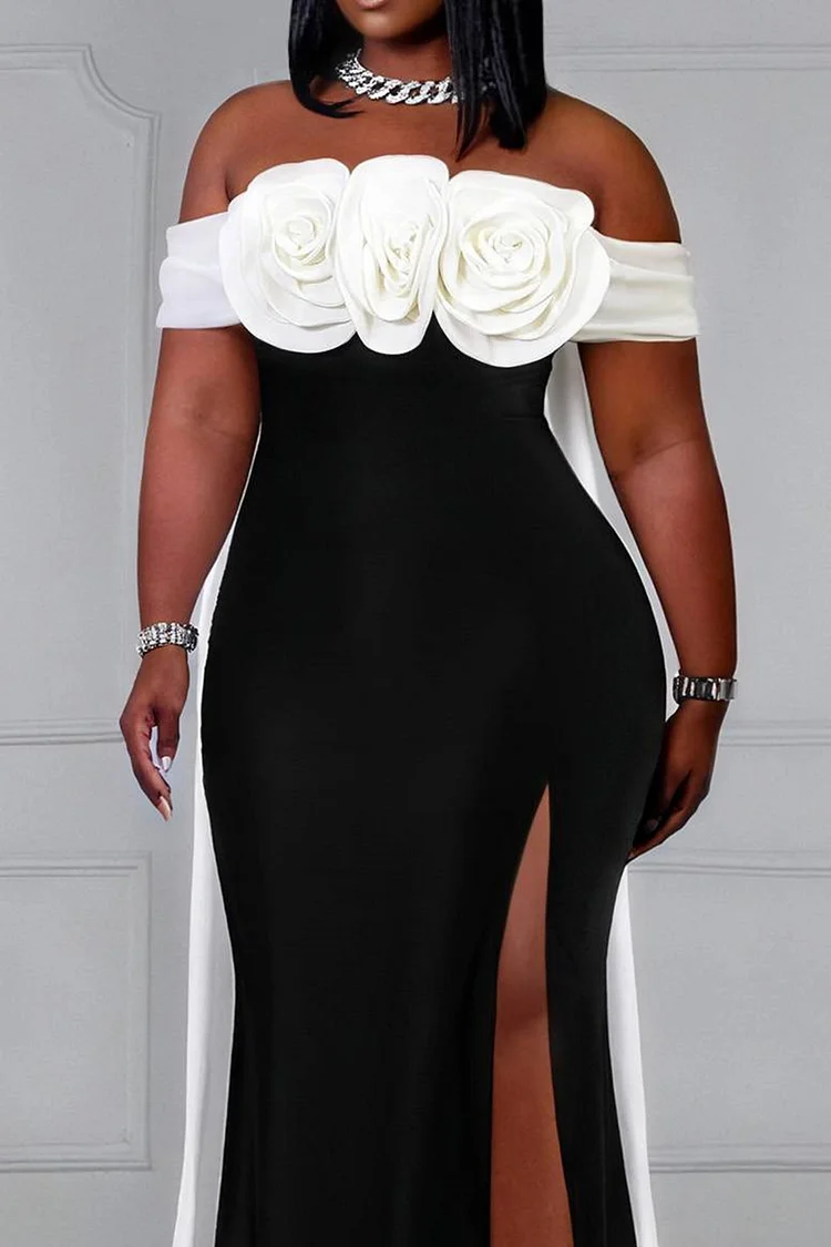 Xpluswear Design Plus Size Prom Black Elegant Off The Shoulder 3D Split Maxi Dresses [Pre-Order]