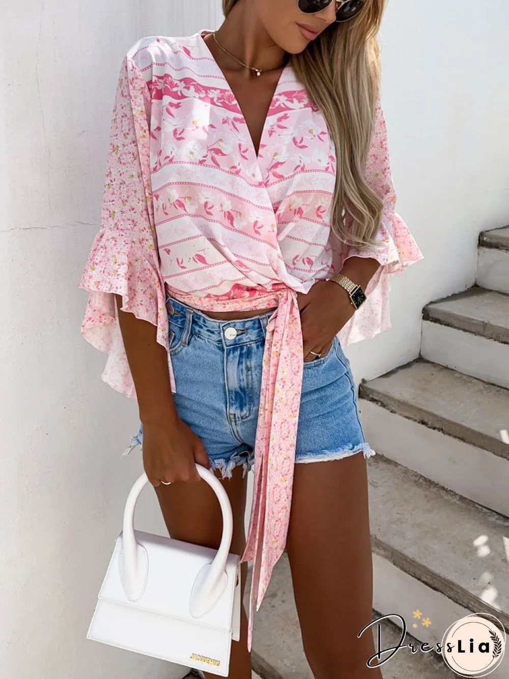Women Summer Sexy V-Neck Tie Beach Shirt Sweet Floral Print All-match Commuter Top New Casual Ruffle Half Sleeve Street Blouses