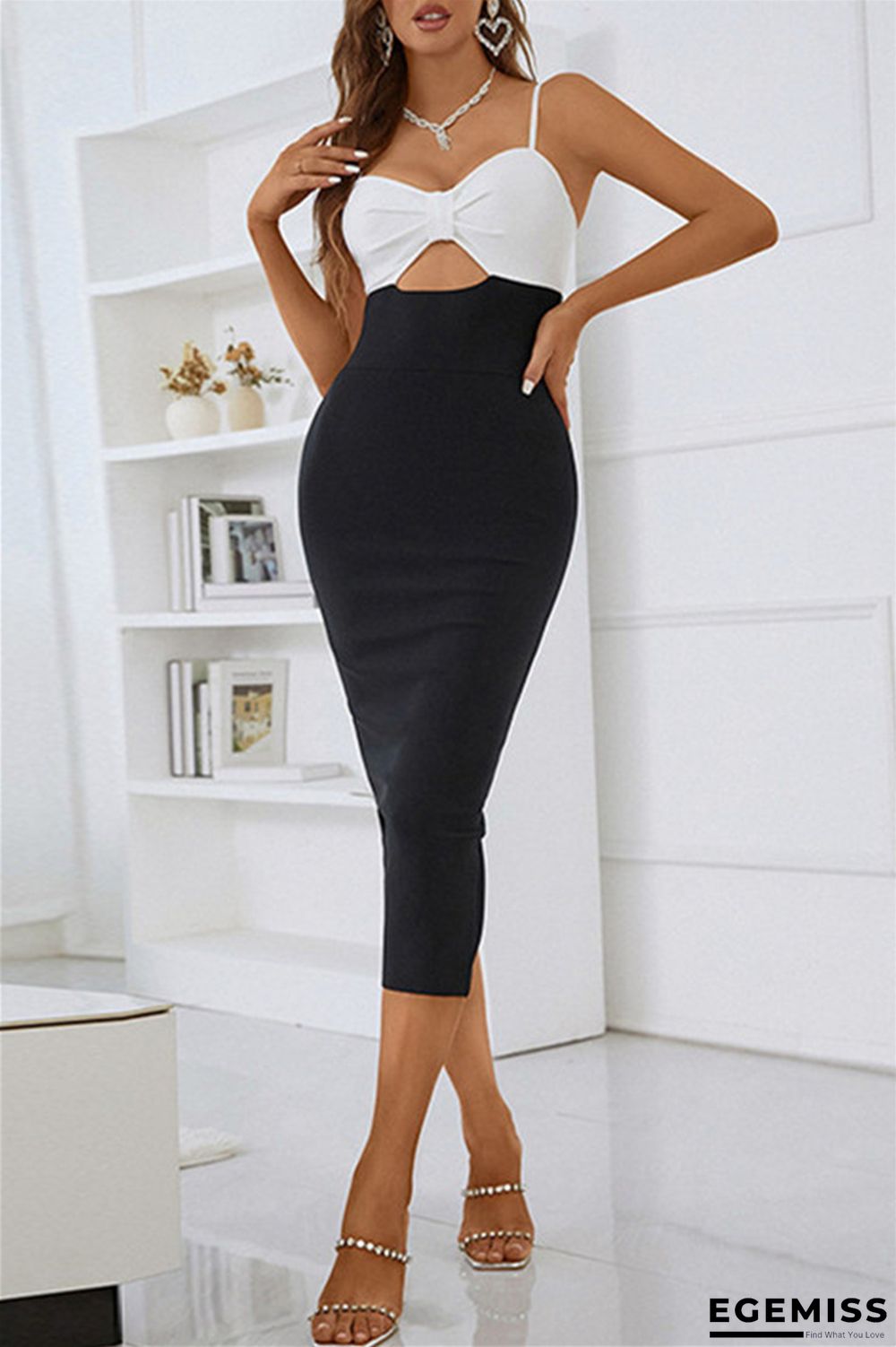 Black White Sexy Formal Solid Hollowed Out Patchwork Backless Spaghetti Strap Evening Dress | EGEMISS