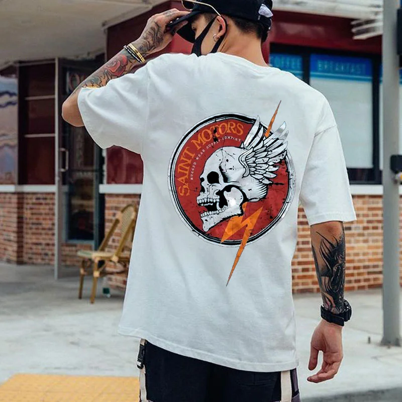 SAINT MOTORS Skull with Wings White Print T-shirt