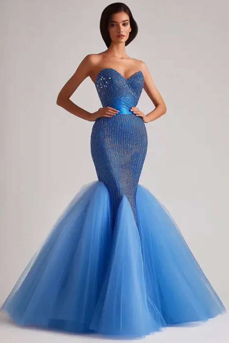 Strapless Mesh Patchwork Mermaid Maxi Dress-Royal Blue [Custom-Made]