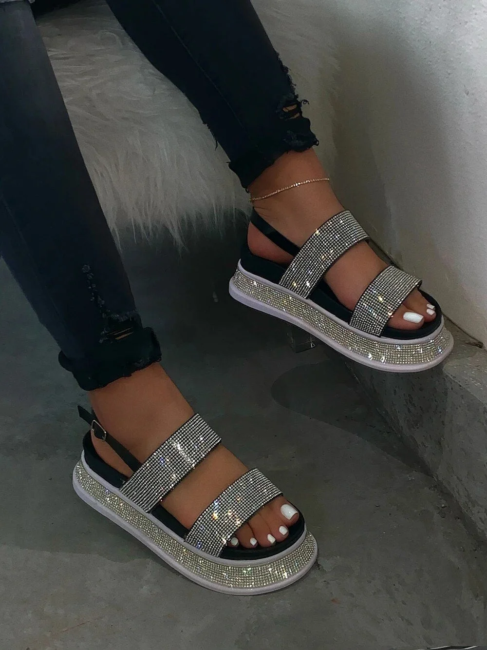 2020 Summer Beach Bling Bling Crystal Rome Ladies Sandals Rhinestone Platform Cutouts Wedges Women Sandals Shoes Woman