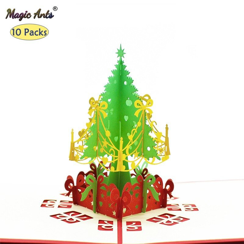 10 Pack Merry Christmas Tree Pop-Up Cards with envelope Stickers Laser Cut New Year Greeting Cards Santa Gifts Card Handmade
