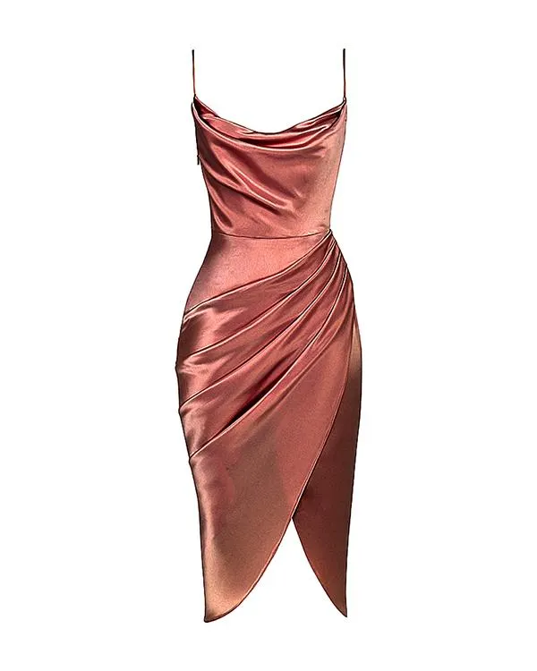 Sexy Shirring Irregular Satin Midi Prom Dress