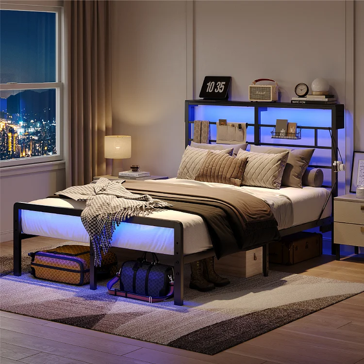 Bestier LED Bed Frame with Headboard & Charging Station, Metal Platform Bed with Adjustable Under Bed Storage