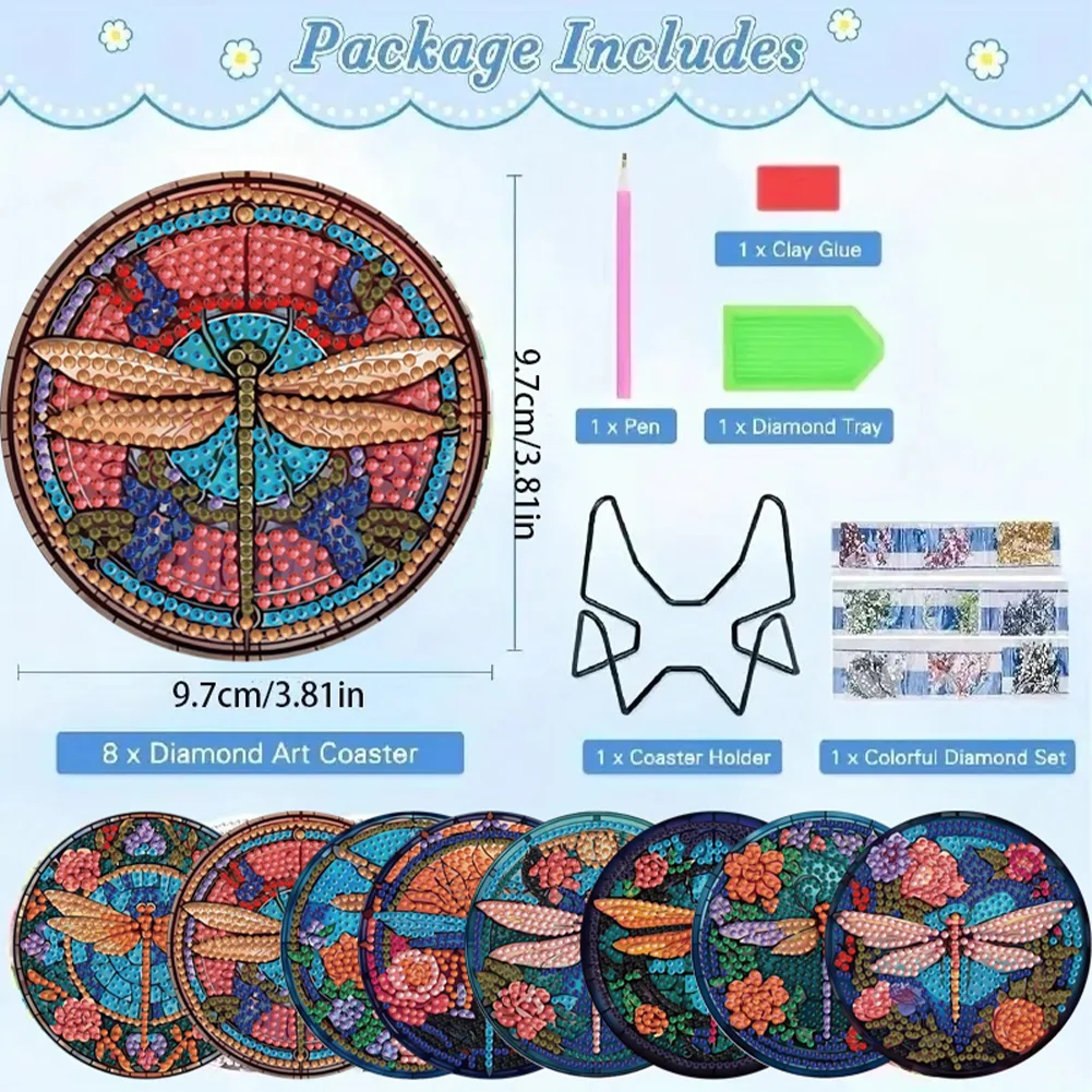 8pcs Dragonfly DIY Diamond Painting Coasters Kits with Holder Wooden Coaster