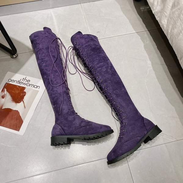 NEW Women Low-heeled Long Boots Over the Knee Boot Lace Up Thigh High Boots Flats Shoes - Shop Trendy Women's Clothing | LoverChic