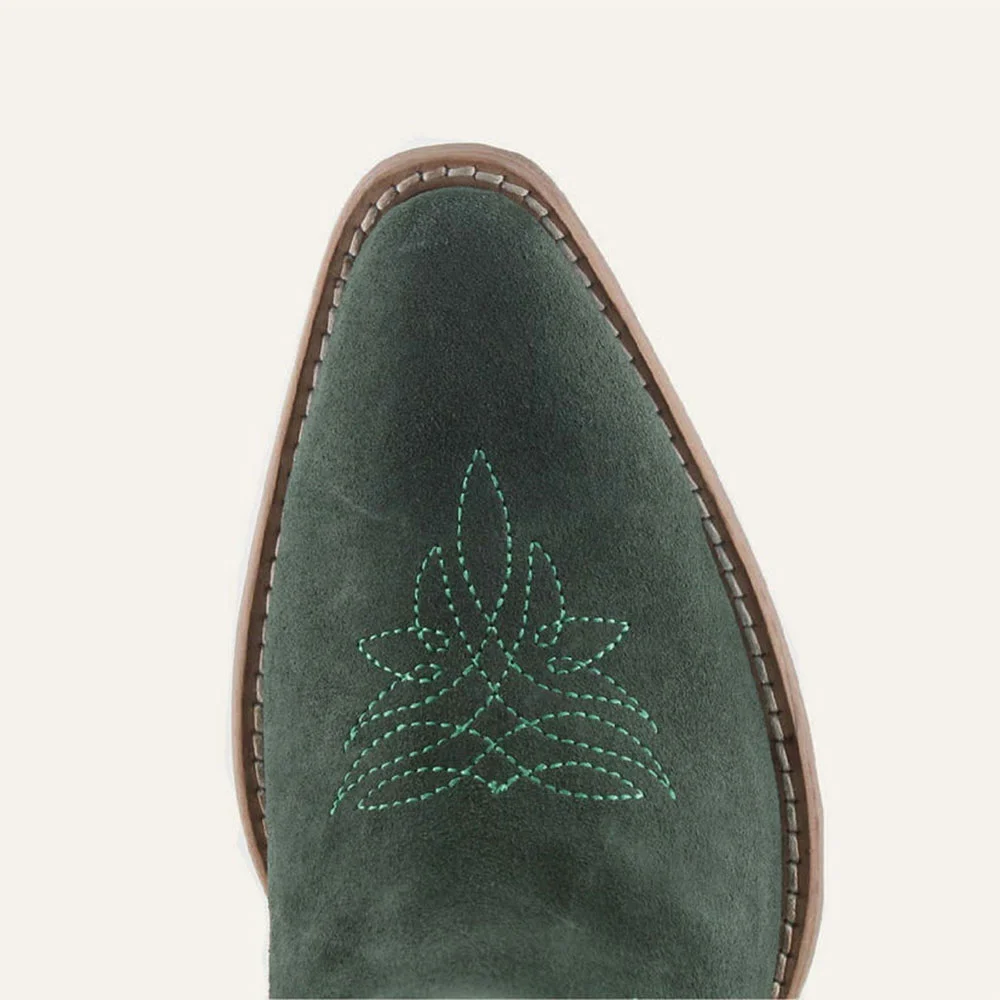 Snip Toe Studded Stacked Heel Fringe Rhinestone Cowgirl Boots in Green