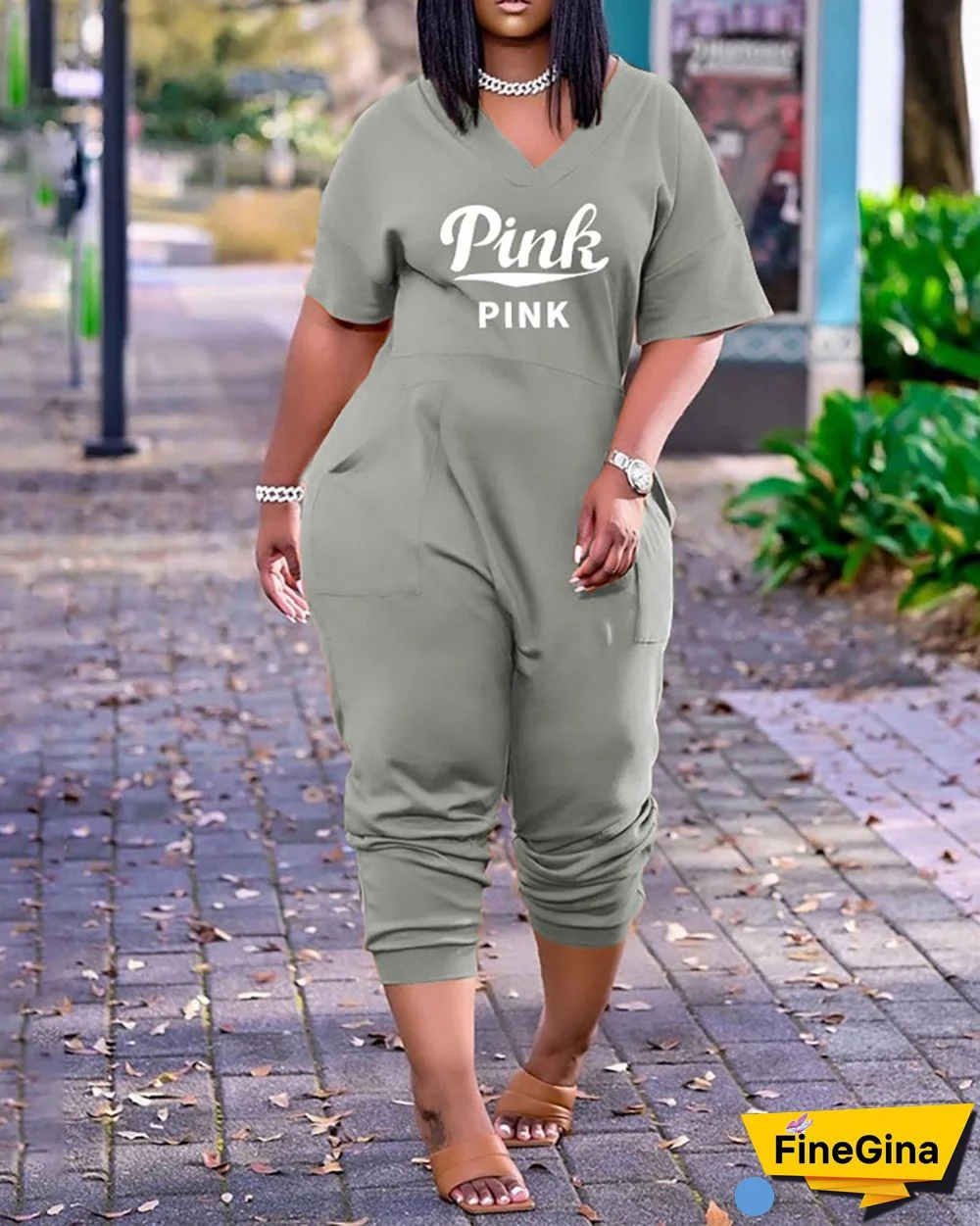 Letter Print V-Neck Short Sleeve Pocket Design Jumpsuit