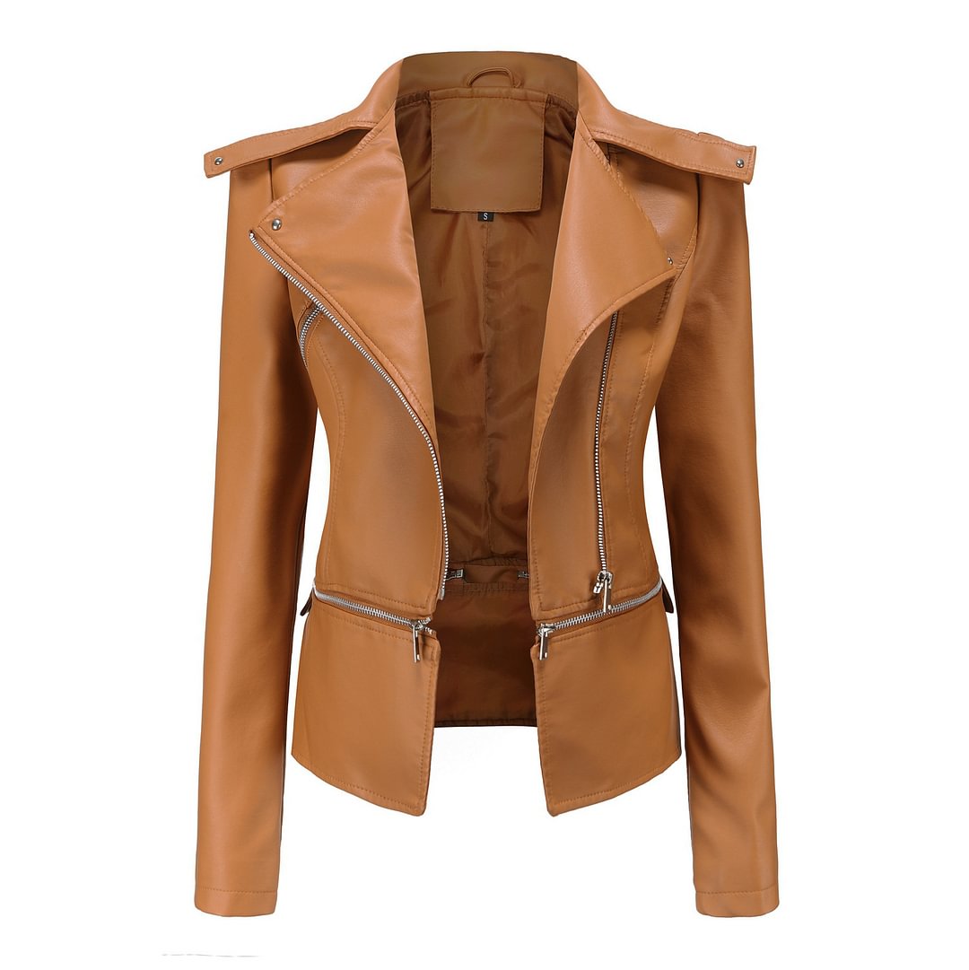 Leisure Women's European-size Leather Jacket Detachable Hem Coat