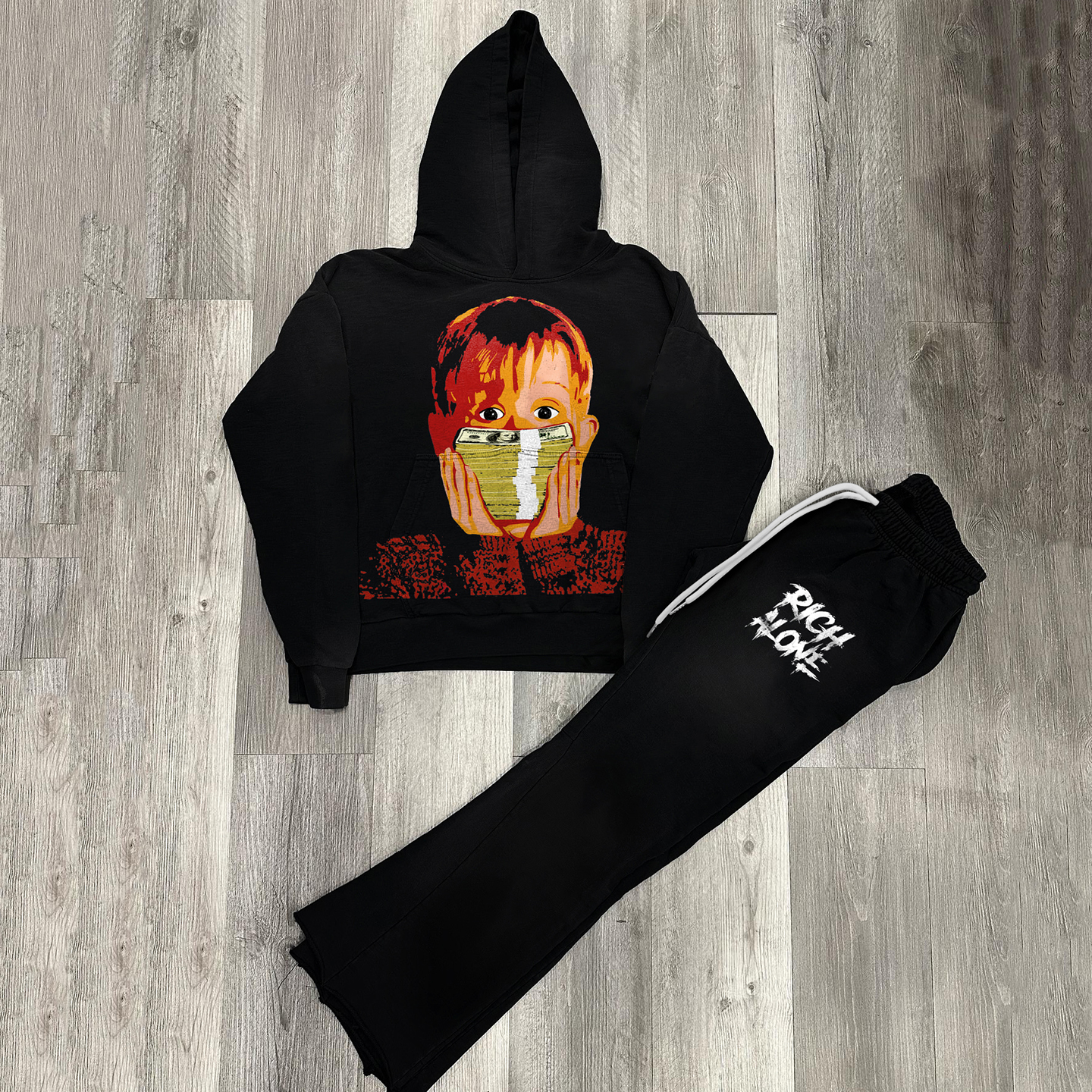 Personalized Fashion Rich Alone Hip Hop Hoodie & Flared Trousers Two Piece Set