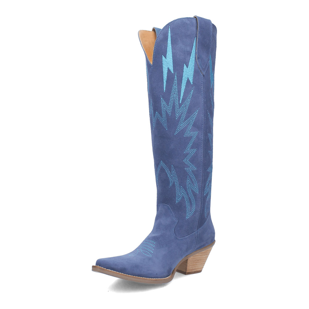Blue Snip-Toe Lightening Inlay Knee High Cowboy Boots for Women