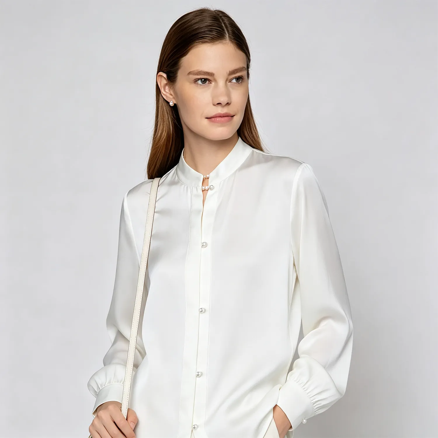 Women's Mulberry Silk Shirt Stand Collar Pearl Button Long Sleeve REAL SILK LIFE