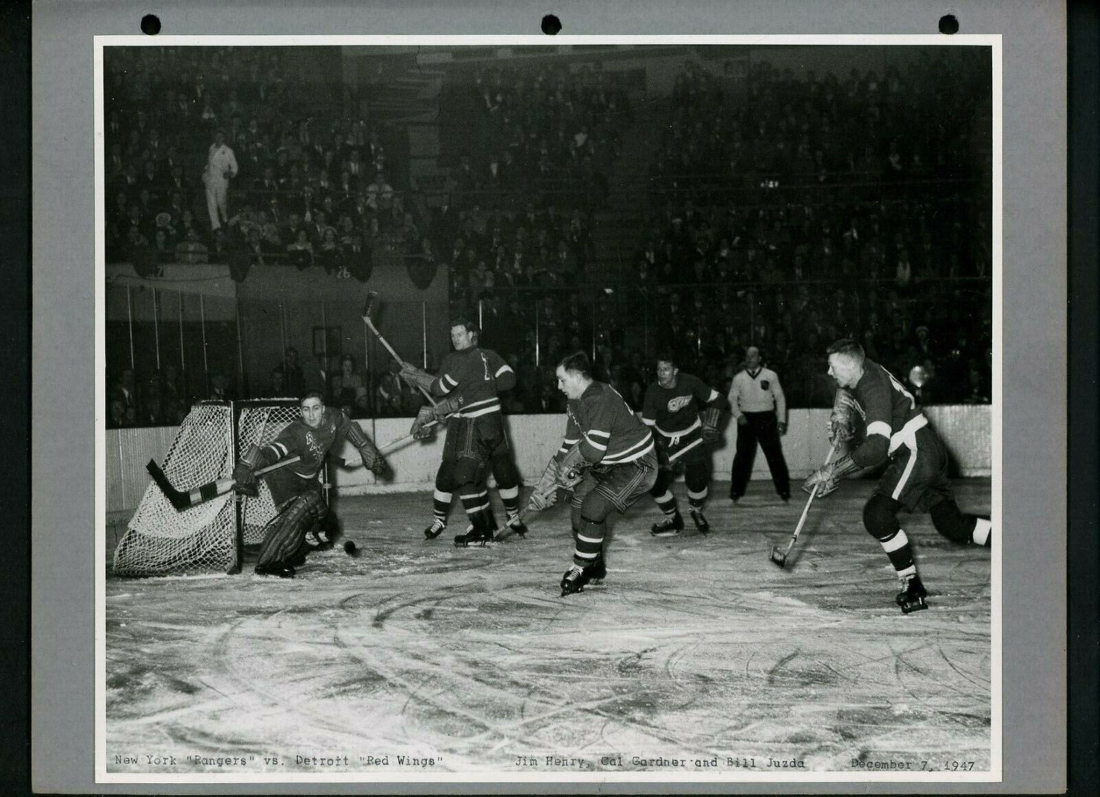 New York Rangers & Detroit Red Wings 1947 Type 1 Press Photo Poster painting Jim Henry Juzda