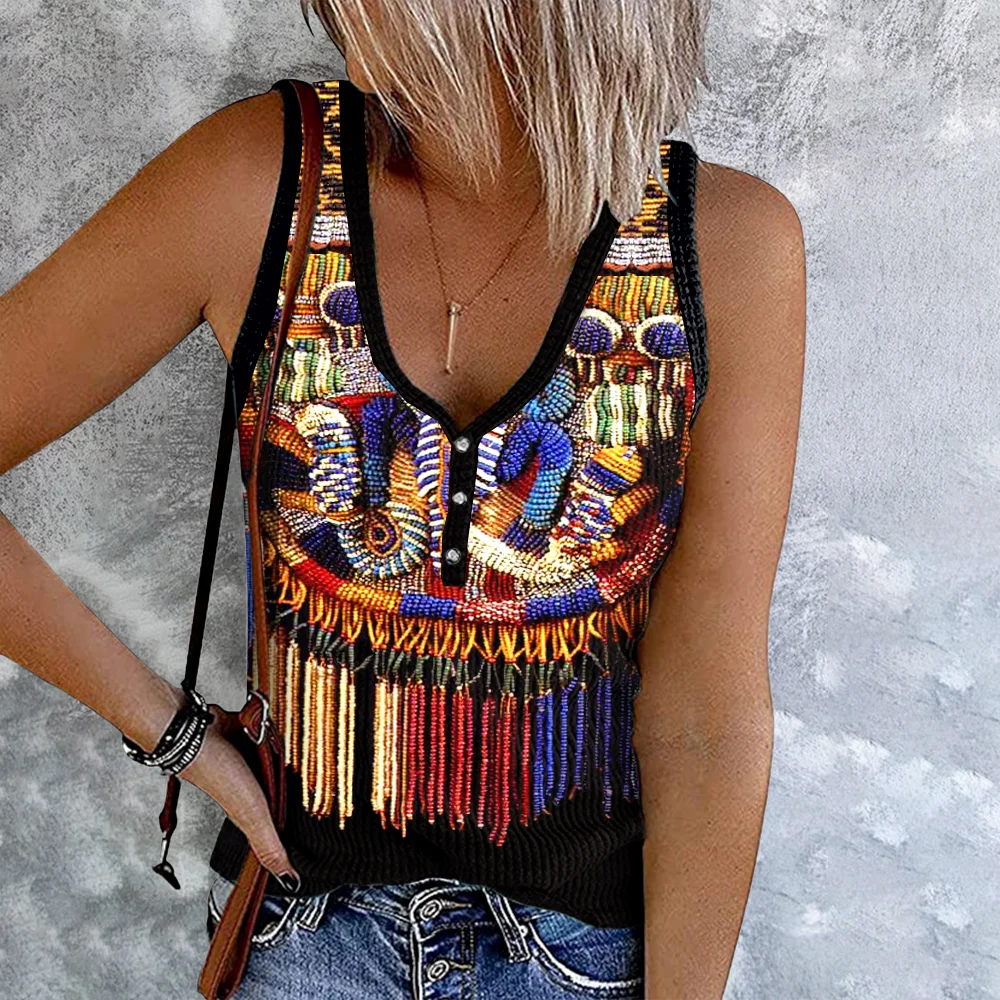 African Tribal Style Ethnic Tassel Art Tank Top