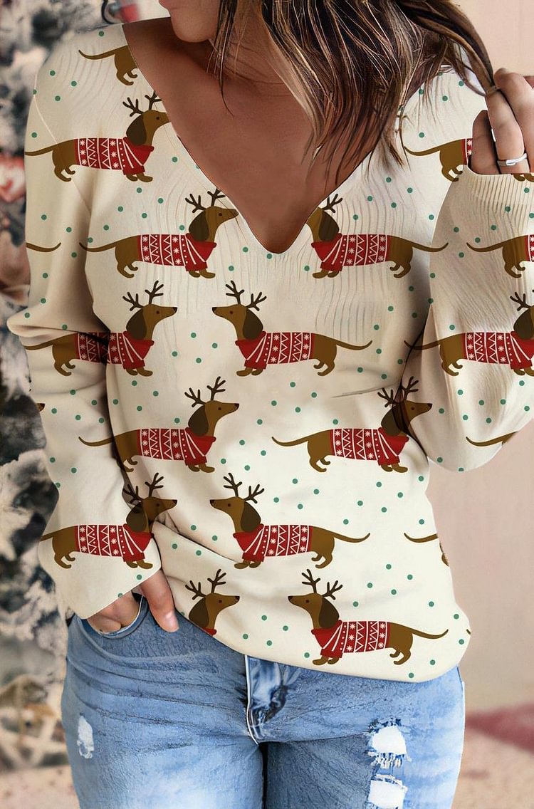 Women's Christmas Dog Printed V-Neck Long Sleeve T-Shirts