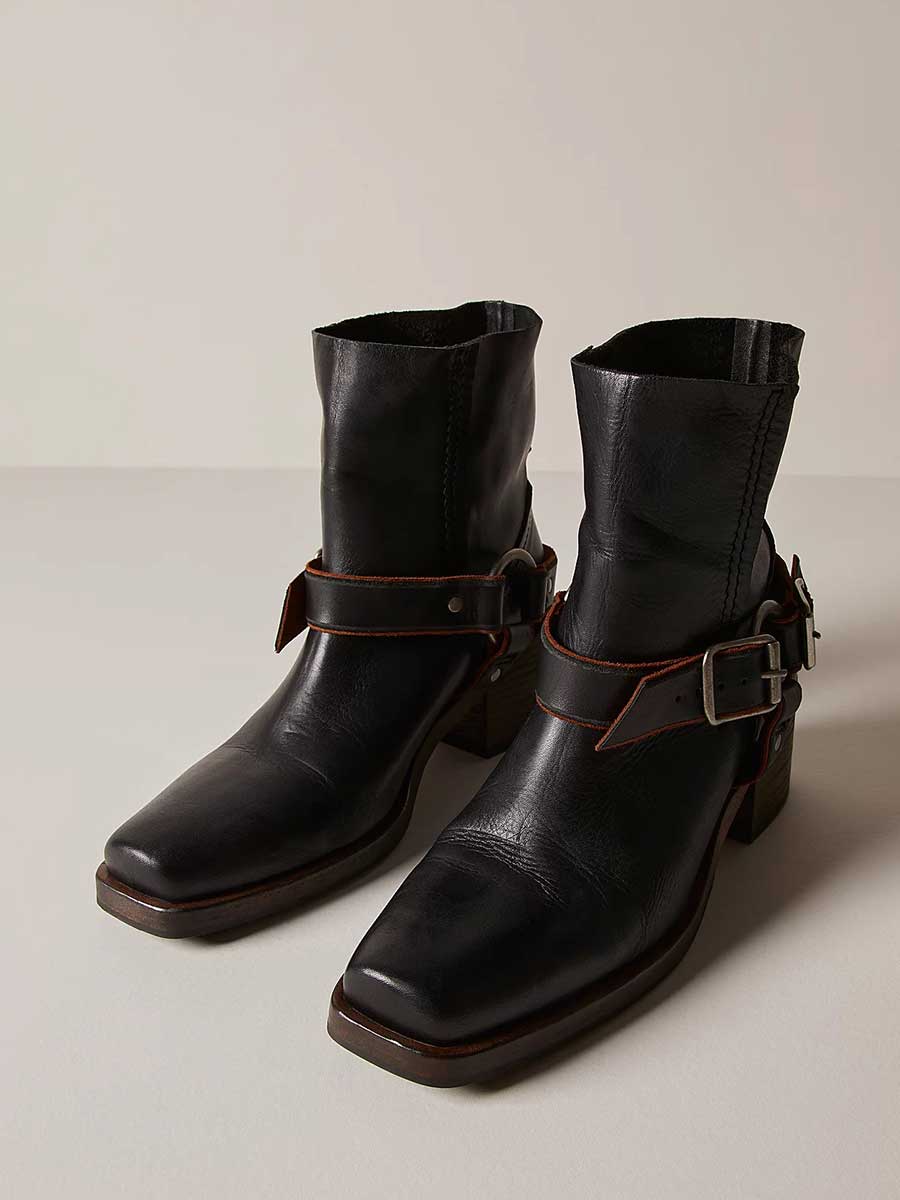 Black Square Toe Buckle Strap Moto Inspired Block Heel Ankle Boots