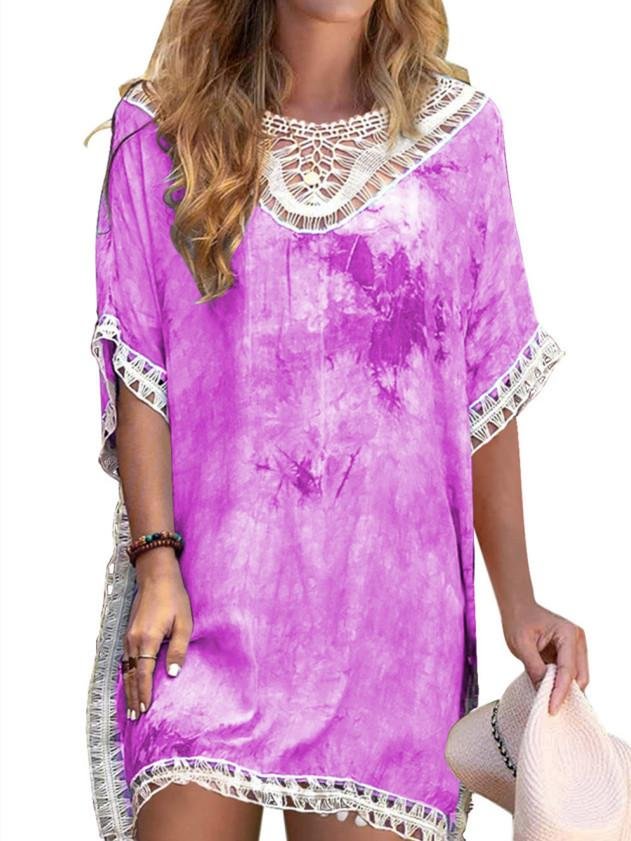 Women Scoop Neck Half Sleeve Gradient Tie Dye Lace Midi Dress