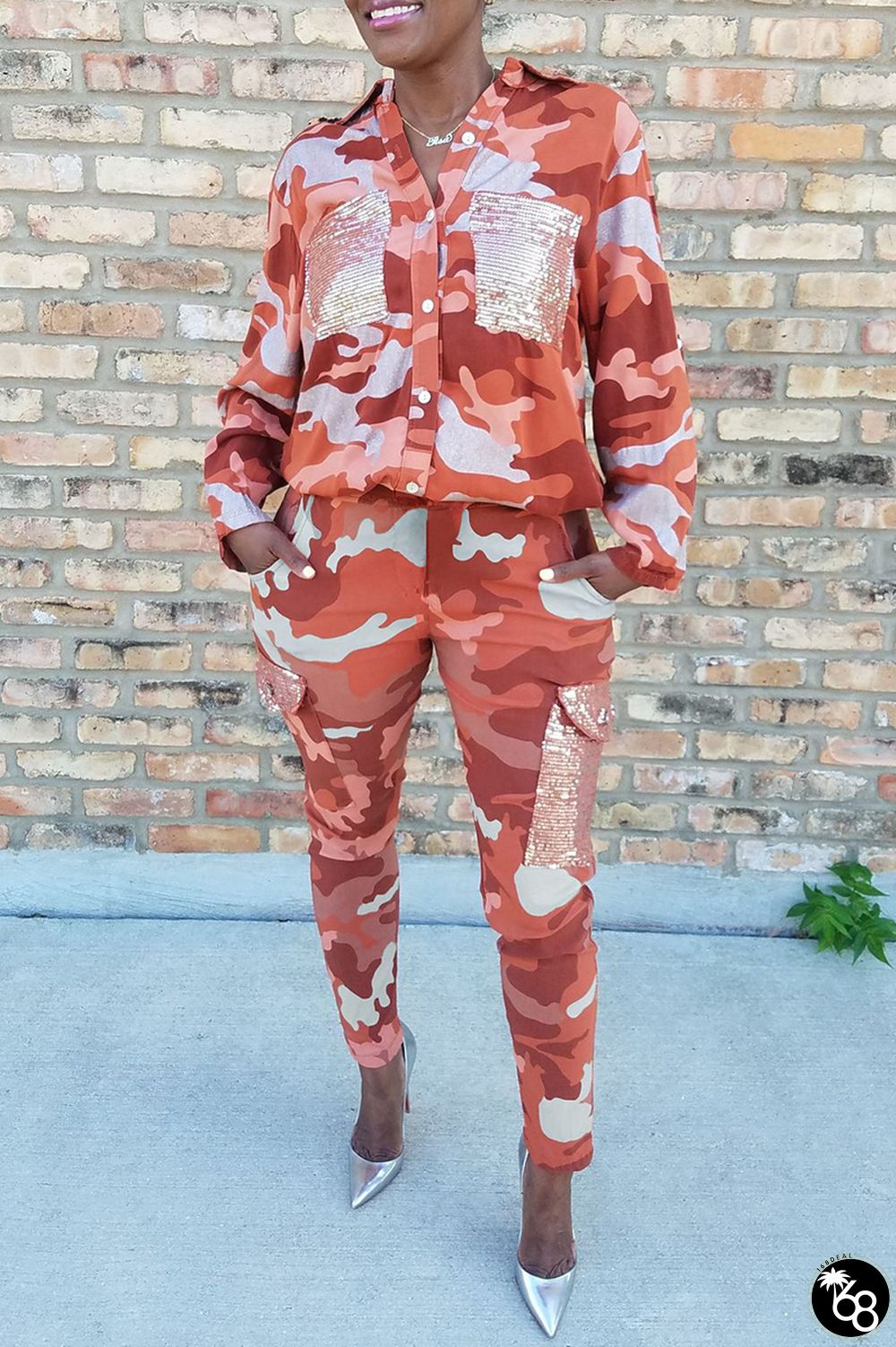 Tangerine Red Fashion Casual Camouflage Print Patchwork Turndown Collar Long Sleeve Two Pieces | 168DEAL