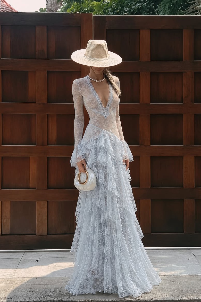Lussooy Elegant Sky Blue Lace V Neck Floor Length Long Sleeves Ruffles Pleated Prom Dress 