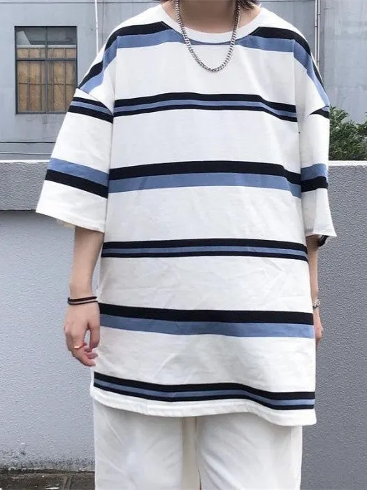 Brownm Contrast Color Hip Hop Oversized Stripe Short Sleeve Top