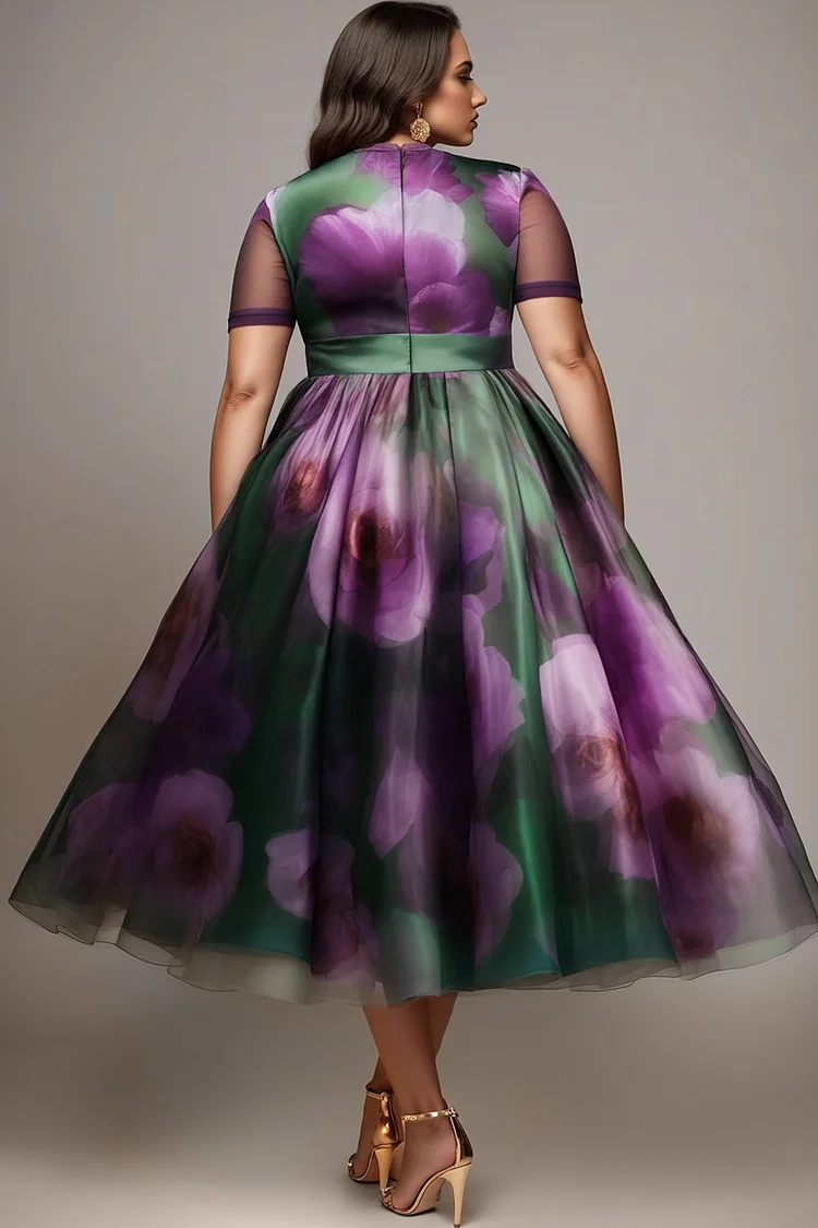 Xpluswear Design Plus Size Wedding Guest Purple Floral Round Neck Short Sleeve Pocket Organza Maxi Dresses