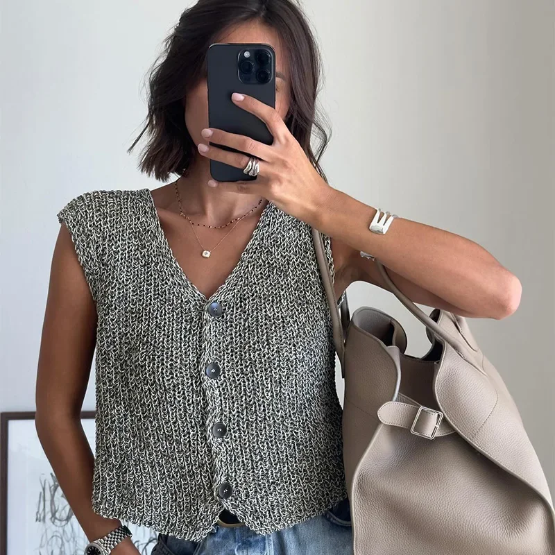 Xinkeke costumes for women hot Elegant Knit Vest Women Casual V Neck Slim Sleeveless Single Breasted Female Crop Tops 2024 Autumn Fashion New Lady Outwears