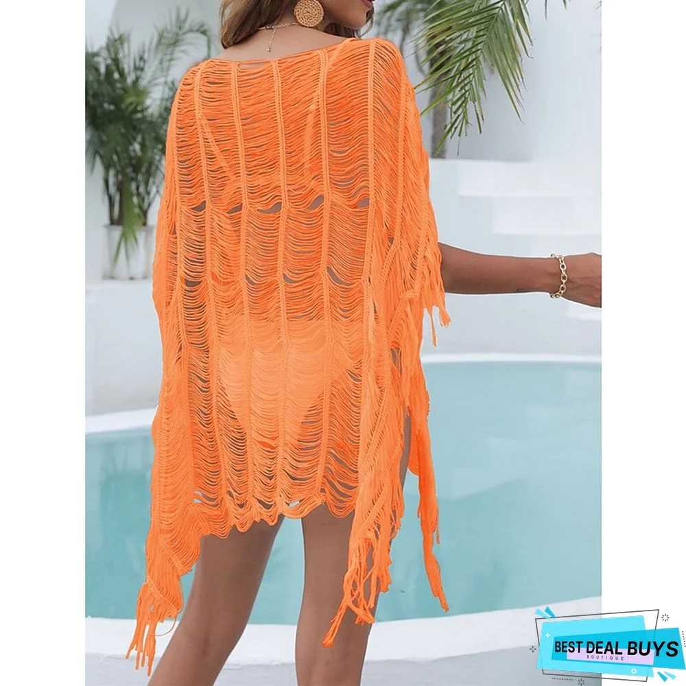 Women's Cover Up Beach Dress Beach Wear Mini Dress Tassel Fringe Hole Cute Casual Plain Crewneck Short Sleeve Loose Fit Outdoor Daily Black White 2023 Spring Summer One Size