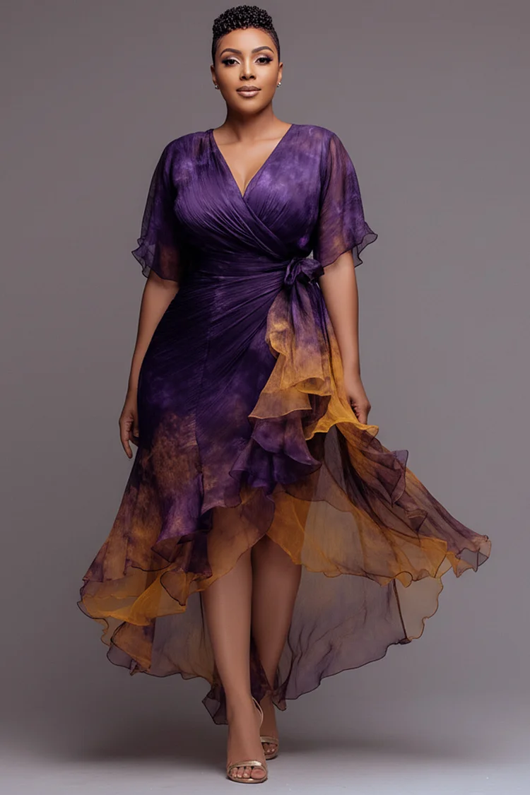 Xpluswear Design Plus Size Cocktail Party Purple Gradient Wrap Neck Short Sleeve Ruffle Asymmetric Hem Irregular Hem Chiffon Midi Dresses [Pre-Order] 2024 - Xpluswear